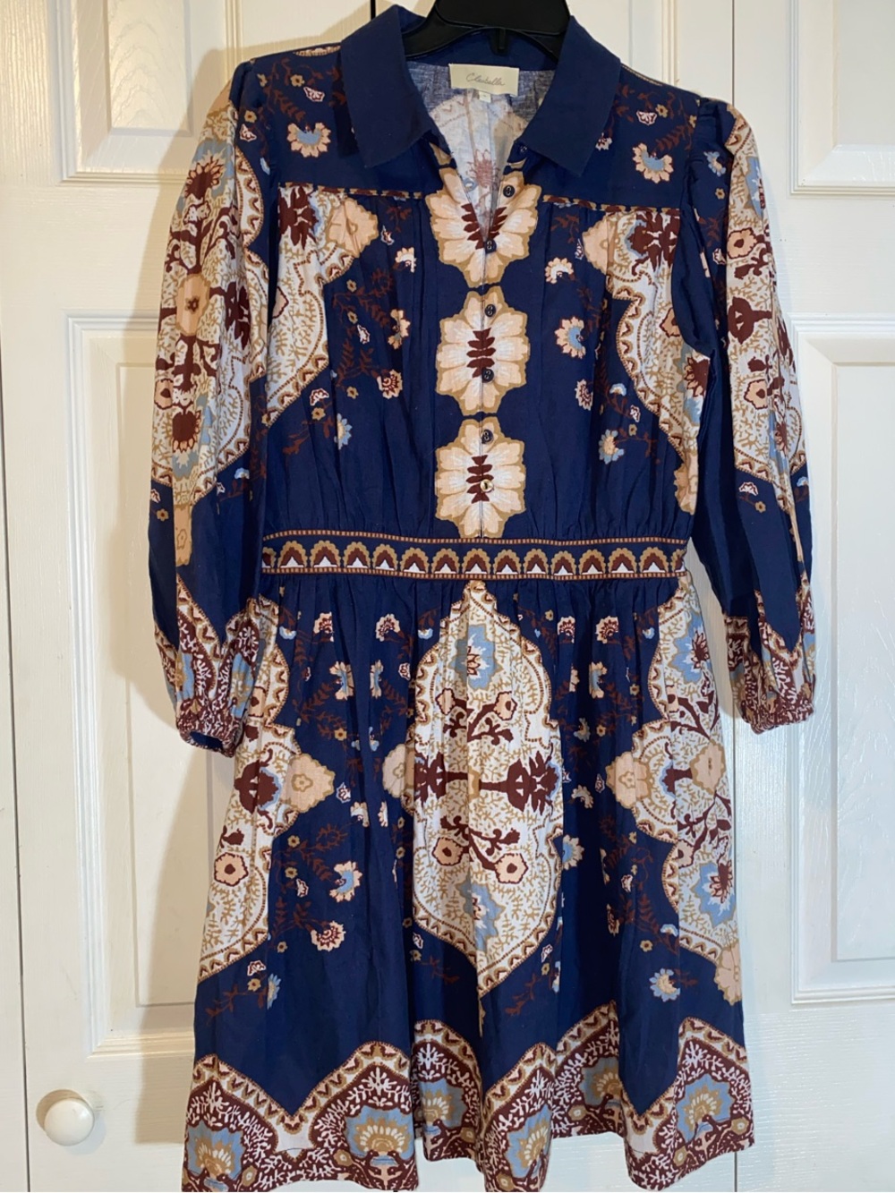 Cleobella Navy Blue Paisley Mini Dress with Cream & Brown Accents-Cotton & Linen
